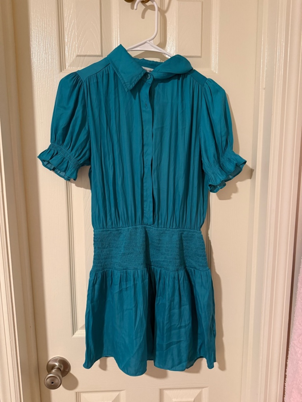 Teal Short Sleeve Smocked Waist Dress - Women's